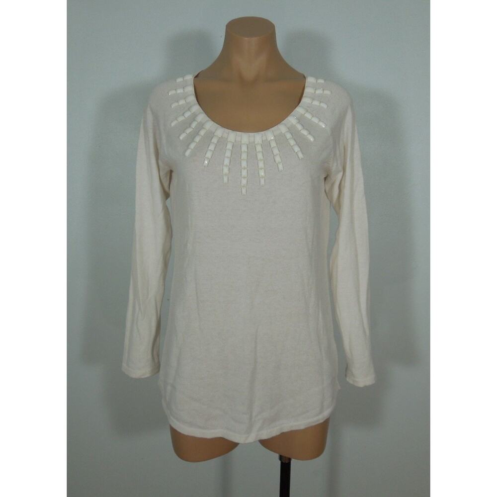 LAURA ASHLEY Knit Top S SMALL Ivory Beads Embellished Neck